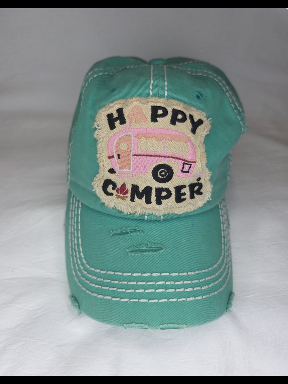 KBETHOS Vintage "Happy Camper" Distressed Adjustable Hat – Teal